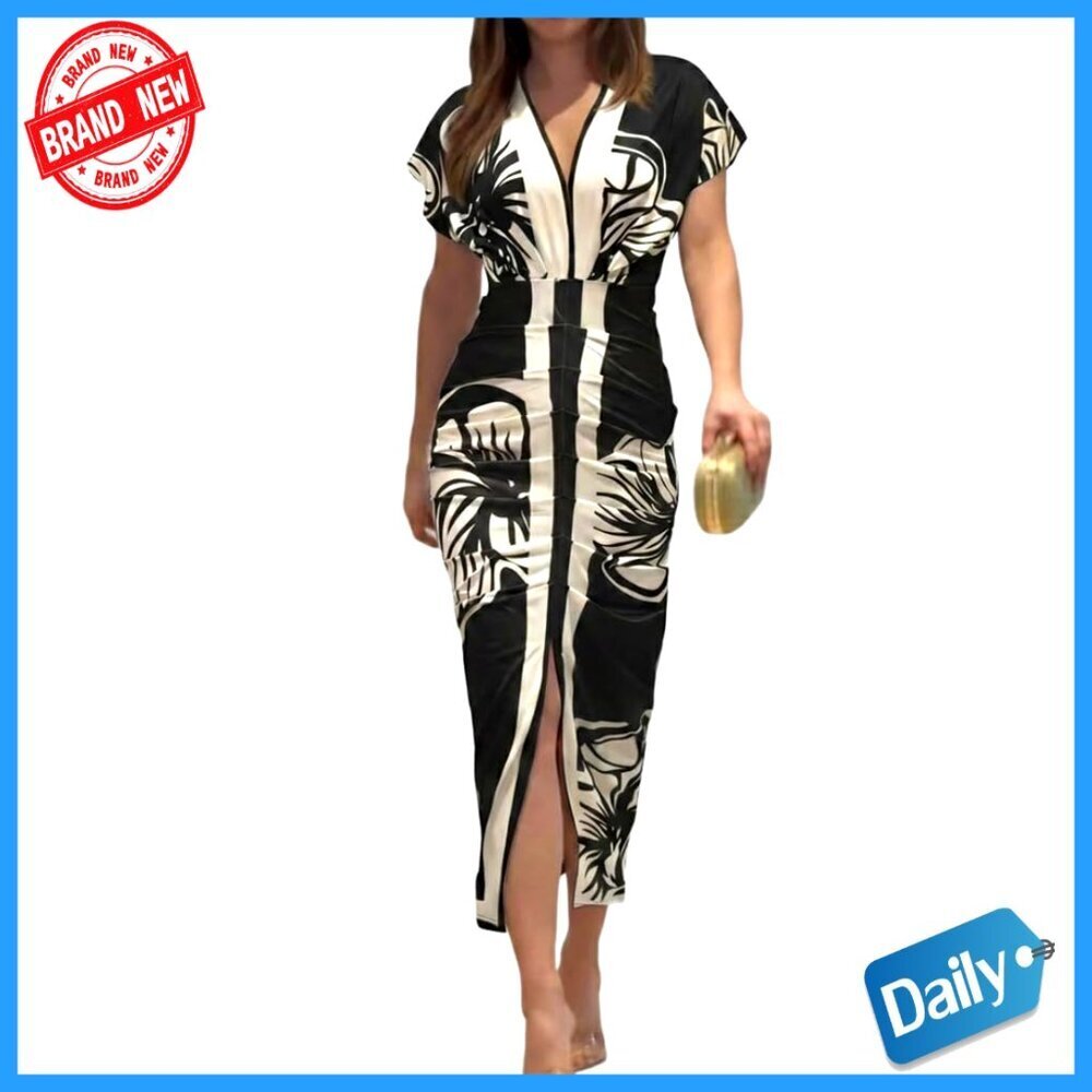 Floral Print Midi Dress V Neck Ruched Bodycon Casual Party Wear